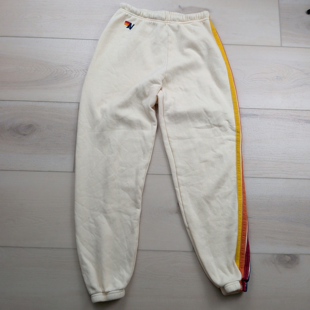 Aviator Nation 5 Stripe Joggers Sweatpants Womens M Vintage White Cream USA